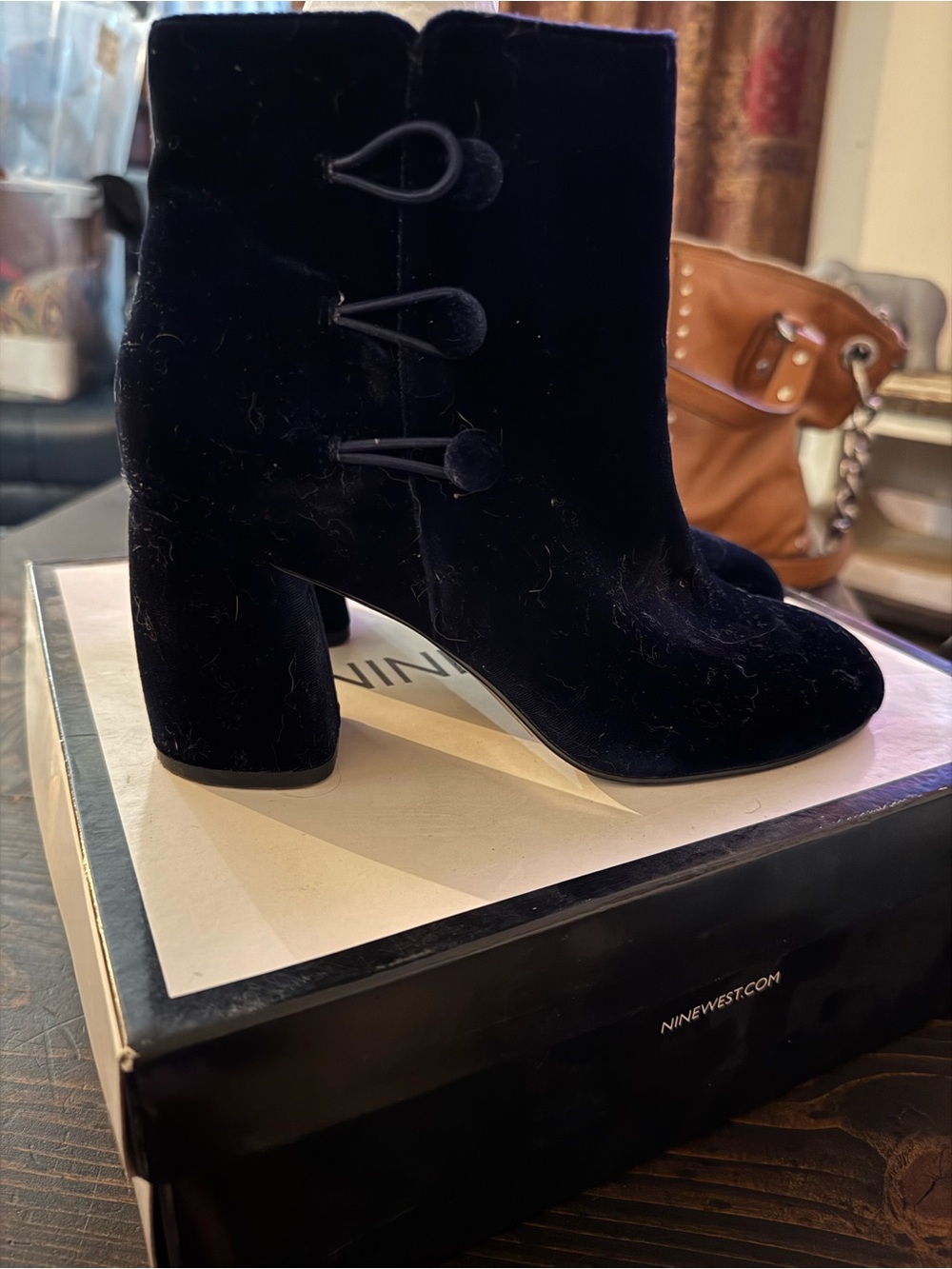 New in Box Nine West Navy Khraine Velvet Button-Loop Ankle Boots